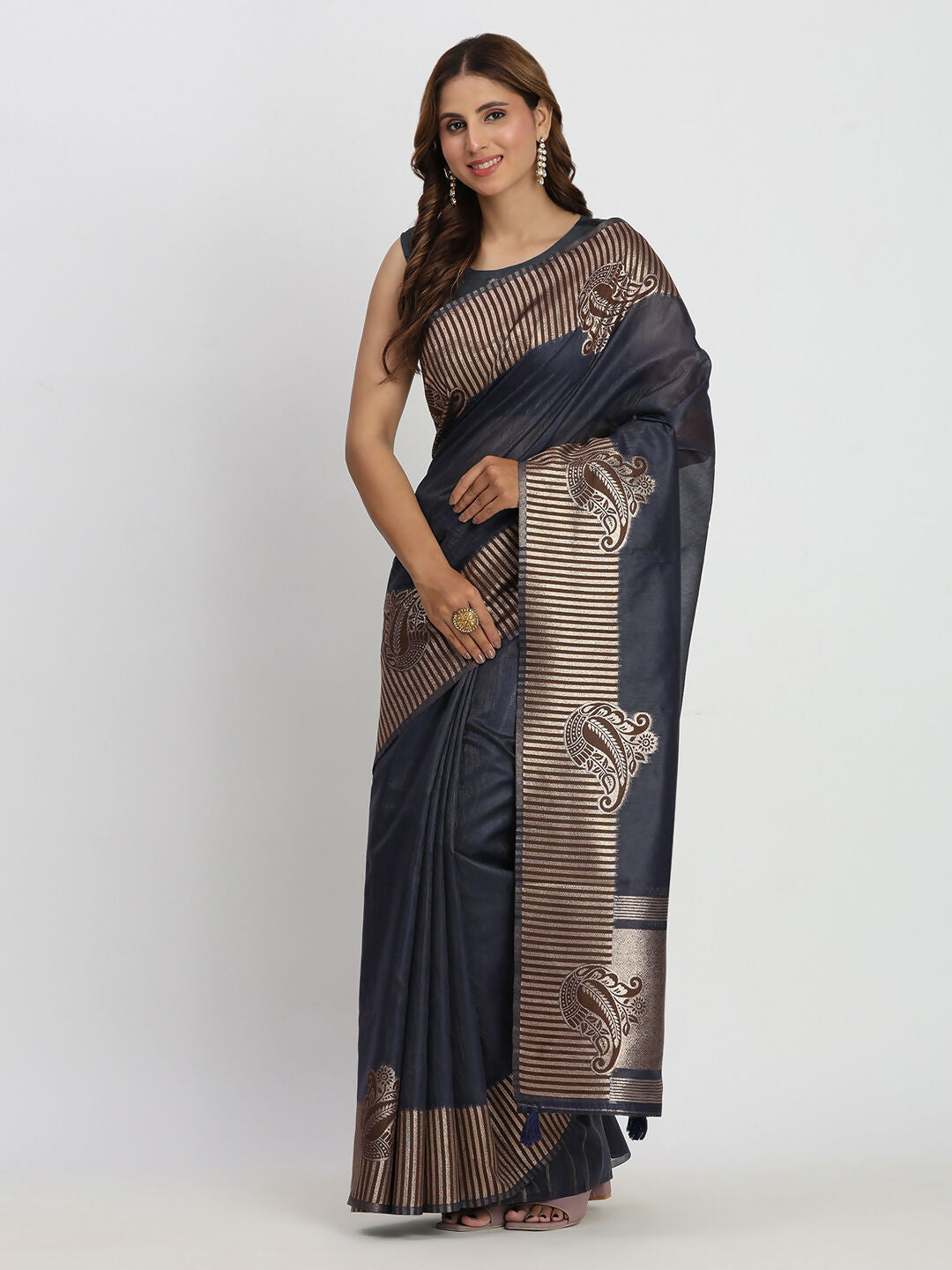 Shree Shyam Fashion Linen Cotton Navy Blue Saree - Distacart