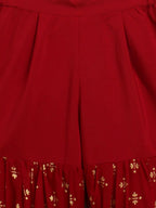 Ahalyaa Maroon Georgette Gold Foil Print Kids Peplum style Kurta Sharara Set With Dupatta For Girls