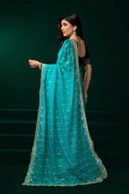 Joban Fashion Turquoise Blue Net Party Wear Sarees - Distacart