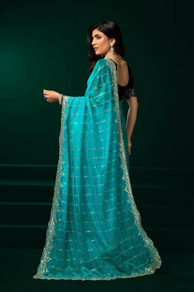 Joban Fashion Turquoise Blue Net Party Wear Sarees - Distacart