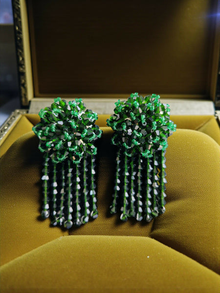 Inhanns Handmade Crystal Water Fall Earrings - Short - Dark Green Small