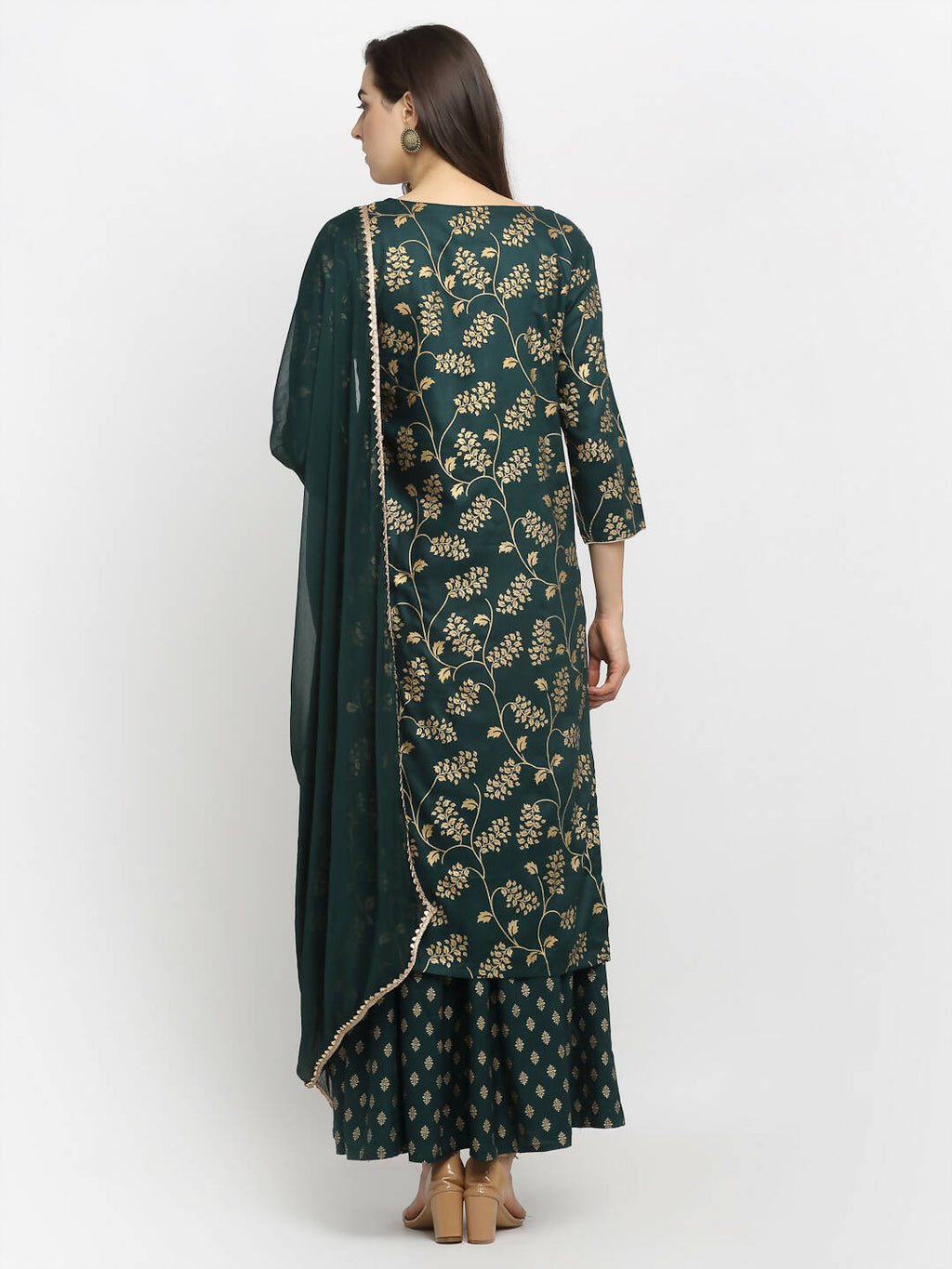 Rudra Bazaar Green Gold Printed Straight Kurta with Gold Printed Skirt & Dupatta - Distacart