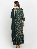 Rudra Bazaar Green Gold Printed Straight Kurta with Gold Printed Skirt & Dupatta - Distacart