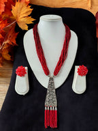 Inhanns Day-To-Dinner Tie Shaped Oxidized Black Metal Multi-Layered Long Necklace Set - Red