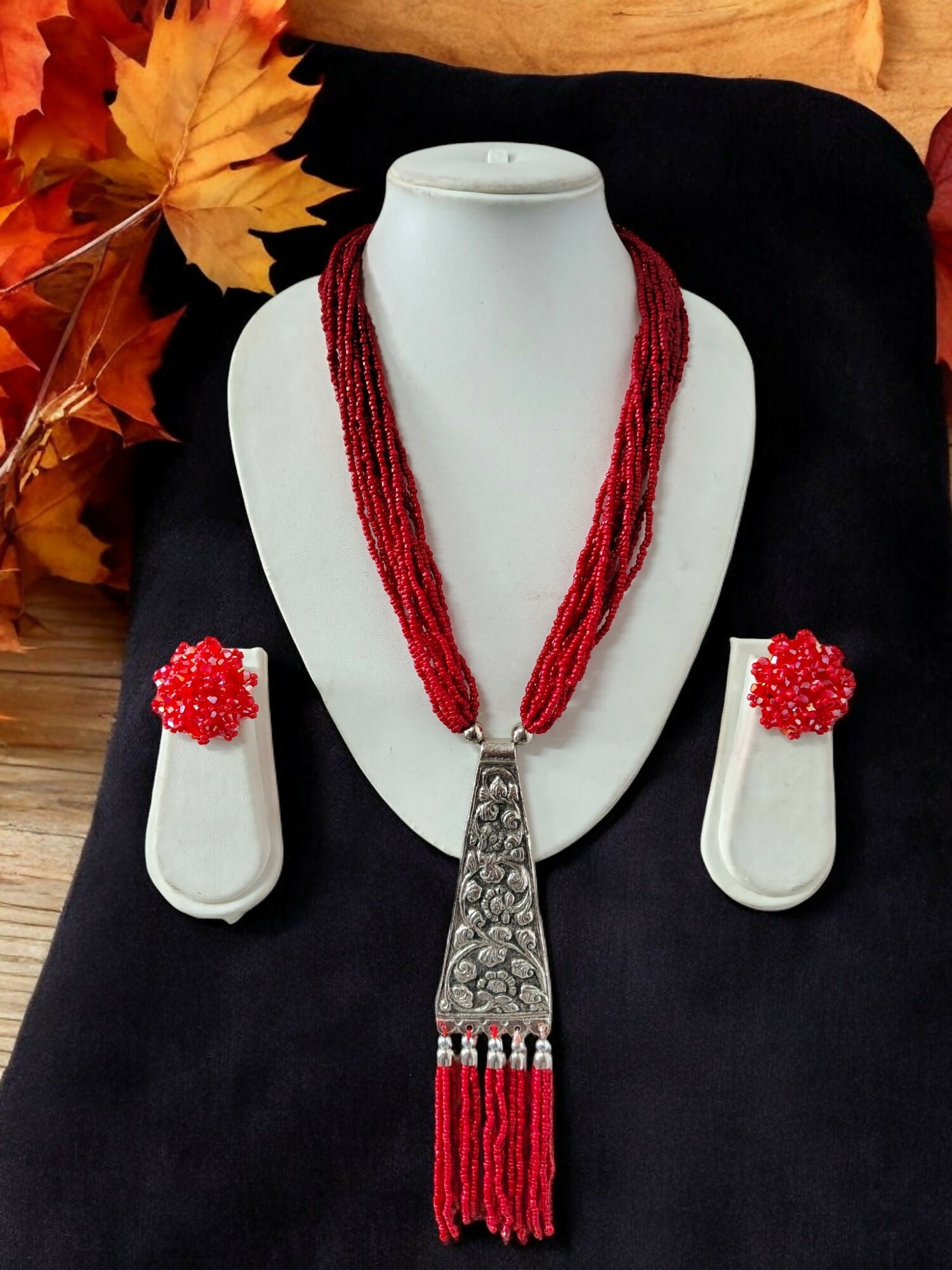 Inhanns Day-To-Dinner Tie Shaped Oxidized Black Metal Multi-Layered Long Necklace Set - Red