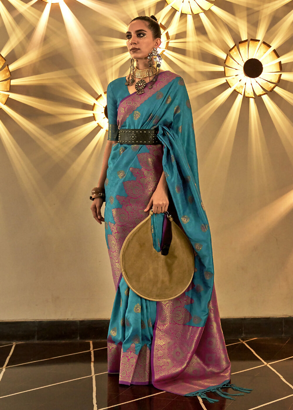 Trendy Weaving Silk Turkish Blue Designer Saree - Emponline