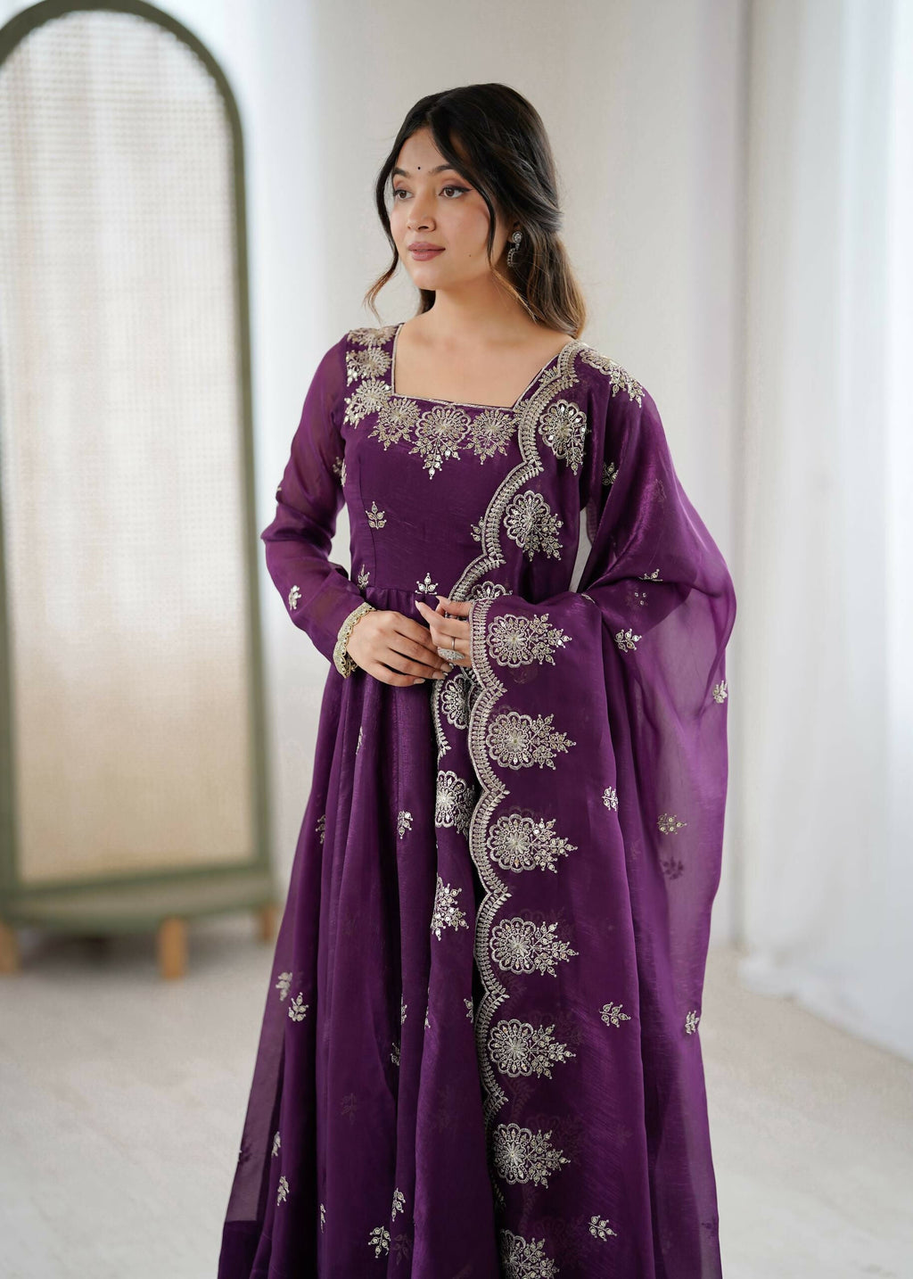 Teeya Creation Wine Color Crunchy Silk Embroidery Work Wedding Wear Gown - Distacart