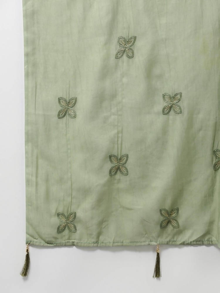 Yufta Women Olive Green Floral Printed Sequined Pure Silk Kurta with Palazzo and Dupatta