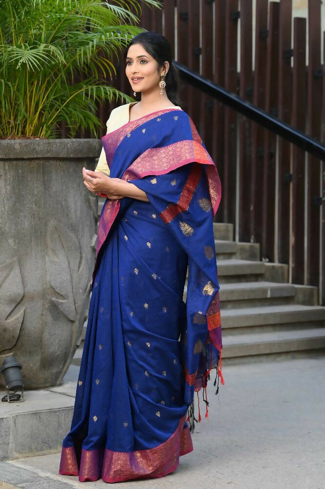 Beatitude Blue Cotton Banarasi Saree