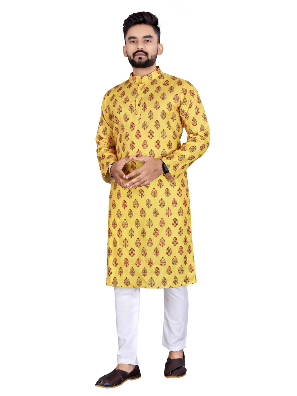 Mens Yellow Cotton Printed Kurta - Mahotsav