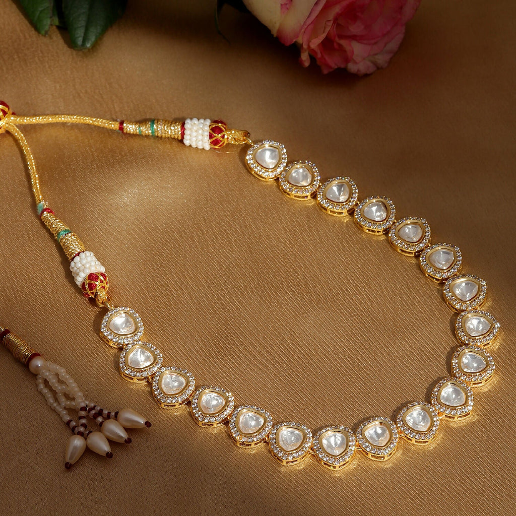 Kundan and Daimond Neckpiece in Brass (Gold) - Ruby Raang