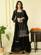 Myshka Women's Black Georgette Kurta & Skirt With Dupatta Party Sets