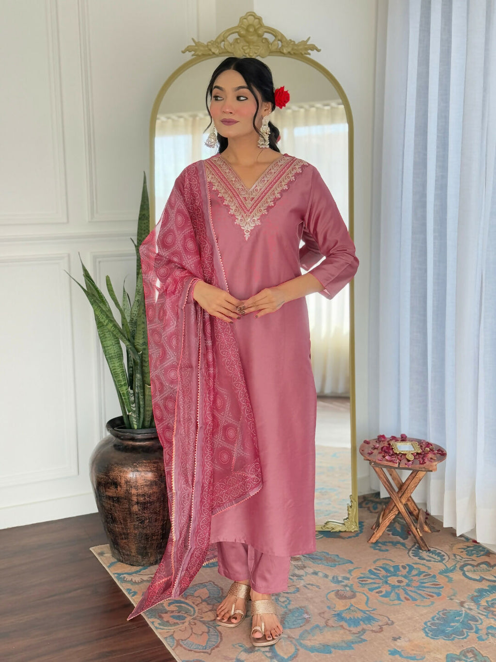 The52 Gajri Women's Beautiful Embroidered Rayon Fabric with Straight Kurta, Pant and Dupatta Set - Distacart