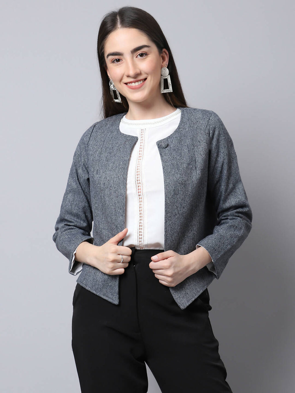 Even Apparels Grey Pure Wool Open Front Statement Jacket