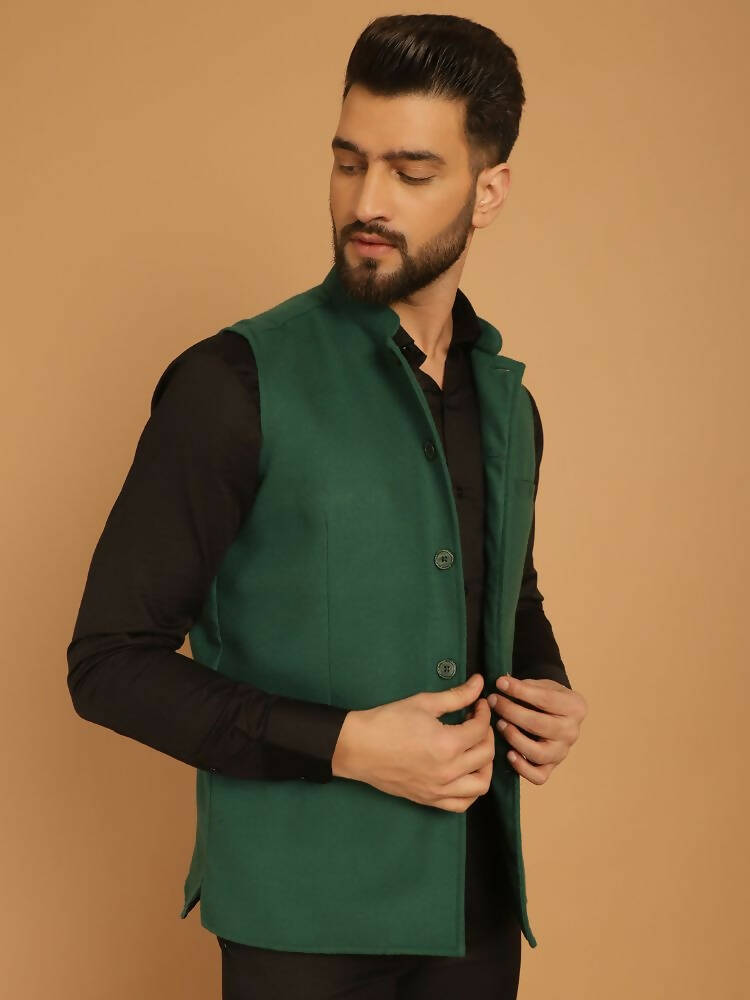 Even Apparels Pure Wool Nehru Jacket - Green