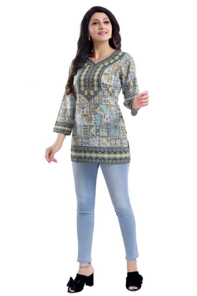 Snehal Creations Faux Crepe Variyali Short Kurti Tunic Top