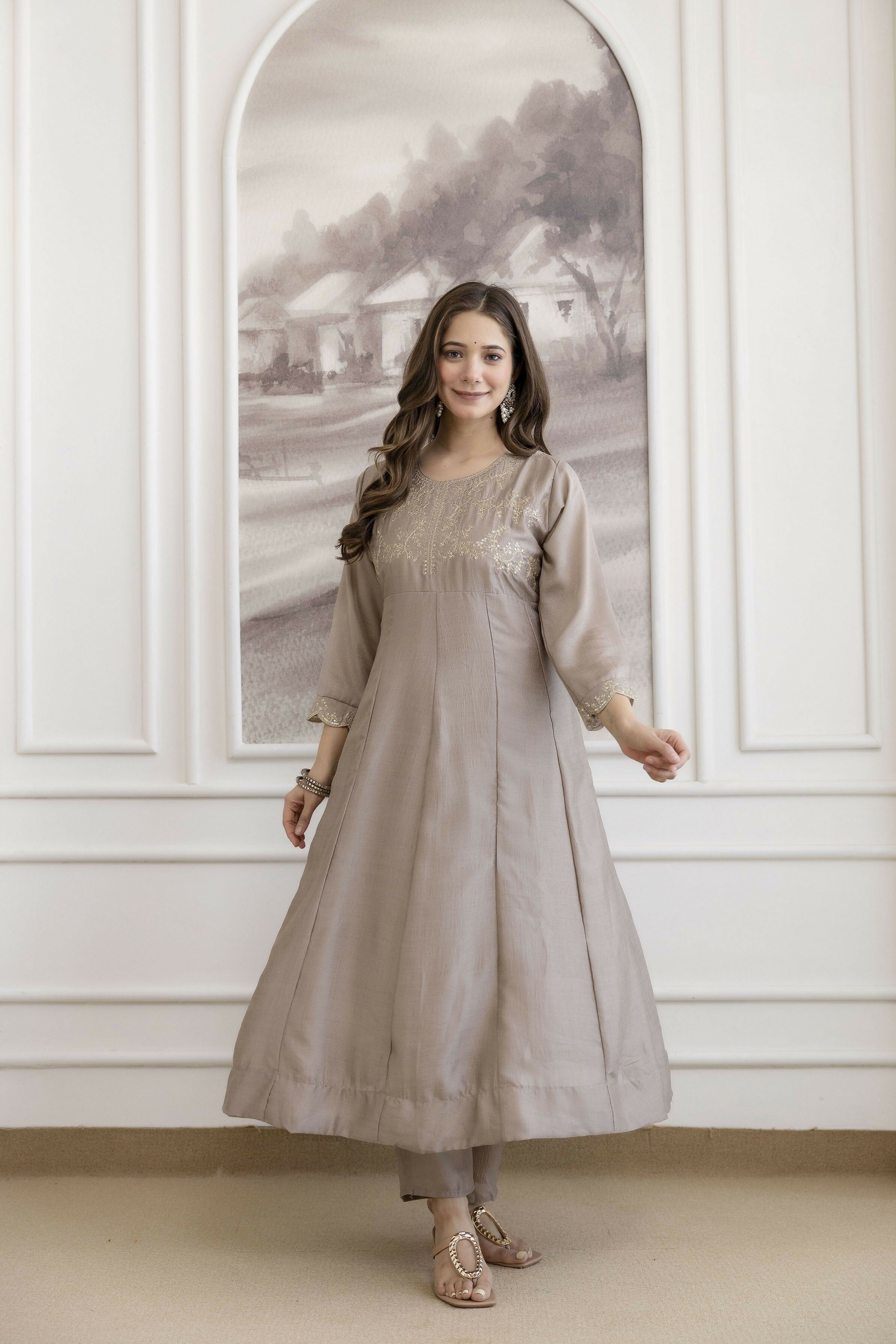 The52 Chiku Women's Beautiful Vichitra Silk Fabric Embroidered Work Flared Anarkali Pant and Dupatta Set - Distacart