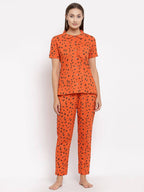 Myshka Women's Brown Cotton Printed Half Sleeve Collar Neck Casual Night suit