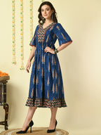 Myshka Women's Blue Printed Cotton Party Dress - Distacart