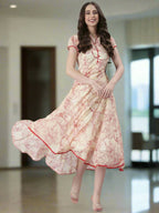 Souchii Floral Tiered Midi Dress For Women – Elegant Beige Button-Front A-Line