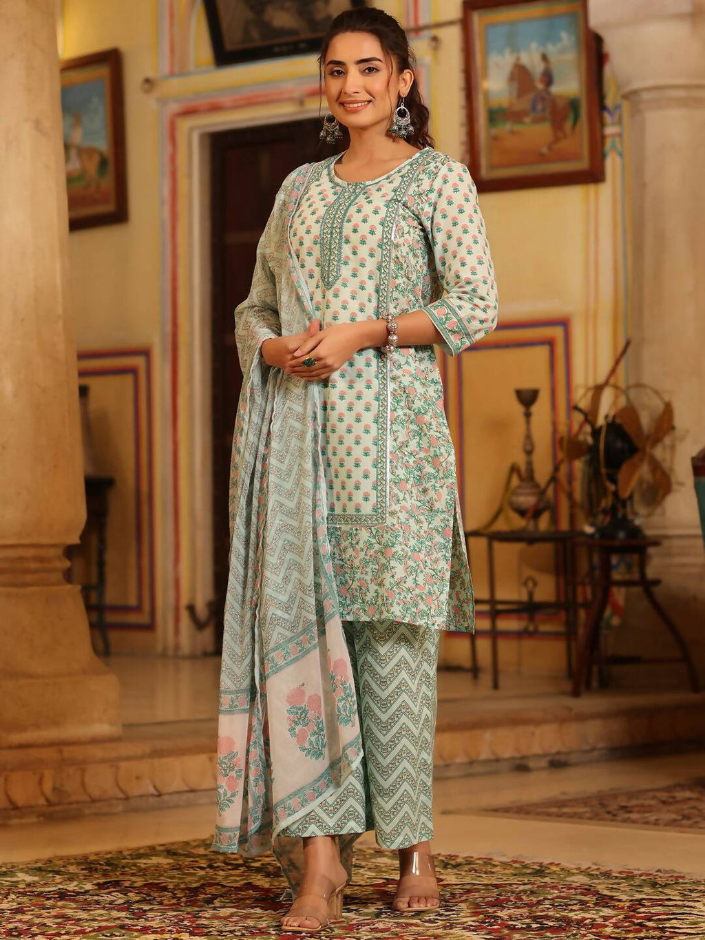 Juniper Women's Seagreen Cambric Floral Printed Kurta Palazzo Set - Distacart