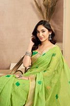 Vastranavya Mint Green Digital Printed Linen Ready To Wear Pocket Saree with Unstitched Blouse - Distacart