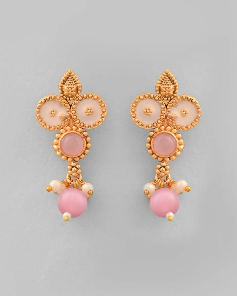 VOJ Gold Tone Pink Stone Studded Jewellery Set
