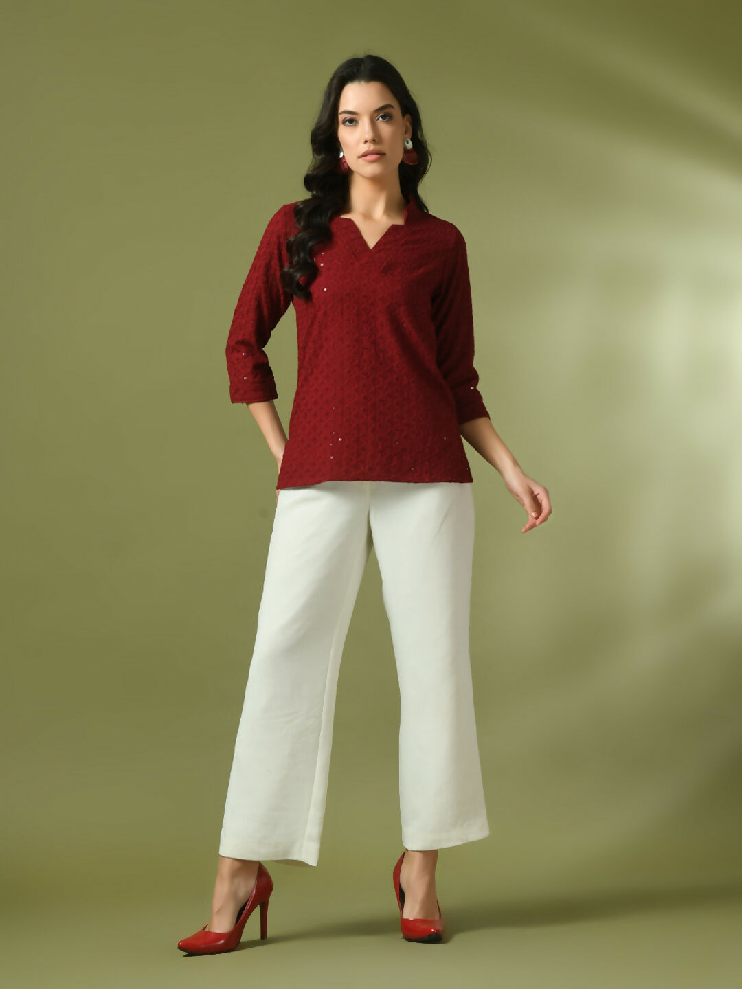Myshka Women's Maroon Embellished Cotton Regular Party Tunic