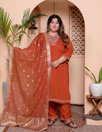 Miravan Women's Plus Size Orange Embroidered Straight Kurta with Palazzo and Dupatta set - Distacart