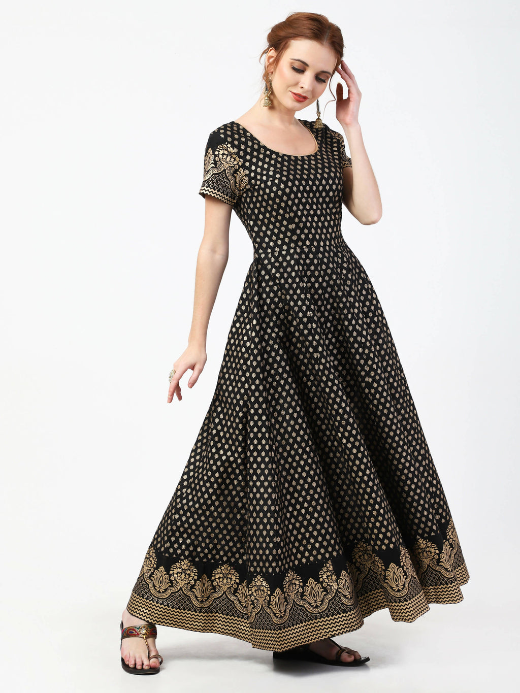 Cheera Women's Black Cotton Hand Block Print Long Dress With Silk Dupatta Set