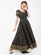 Cheera Women's Black Cotton Hand Block Print Long Dress With Silk Dupatta Set