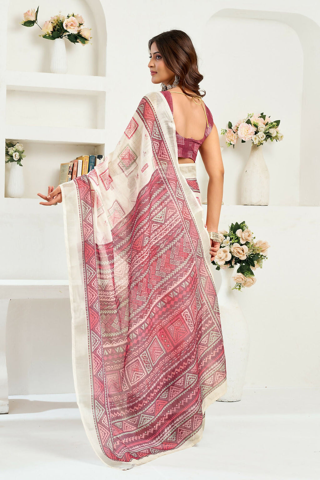 Vastranavya White Maroon Digital Printed Linen Ready To Wear Designer Saree with Unstitched Blouse - Distacart