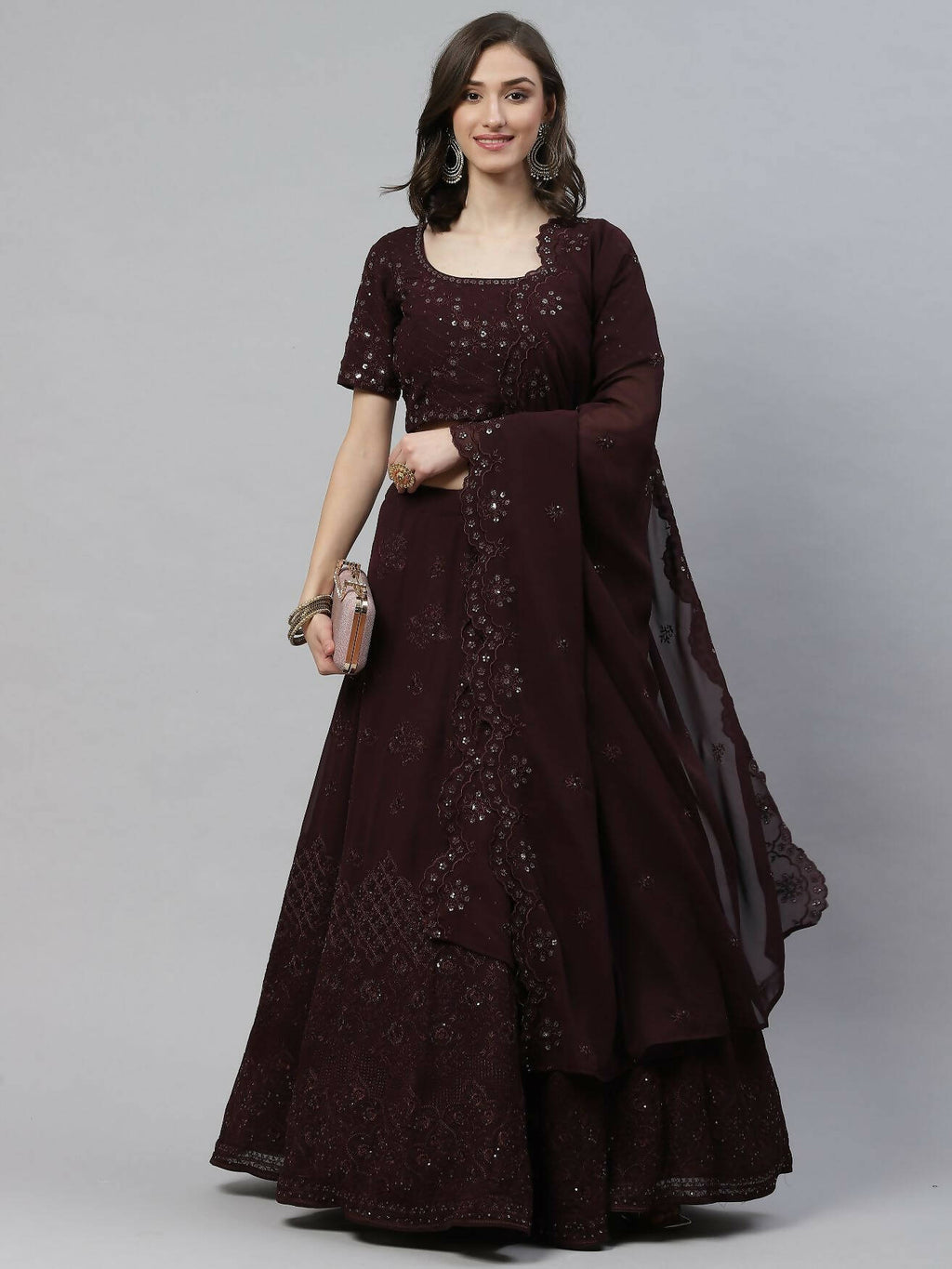 Purple Georgette Thread with Sequins Embroidered work Lehenga Choli with Dupatta - Jivika