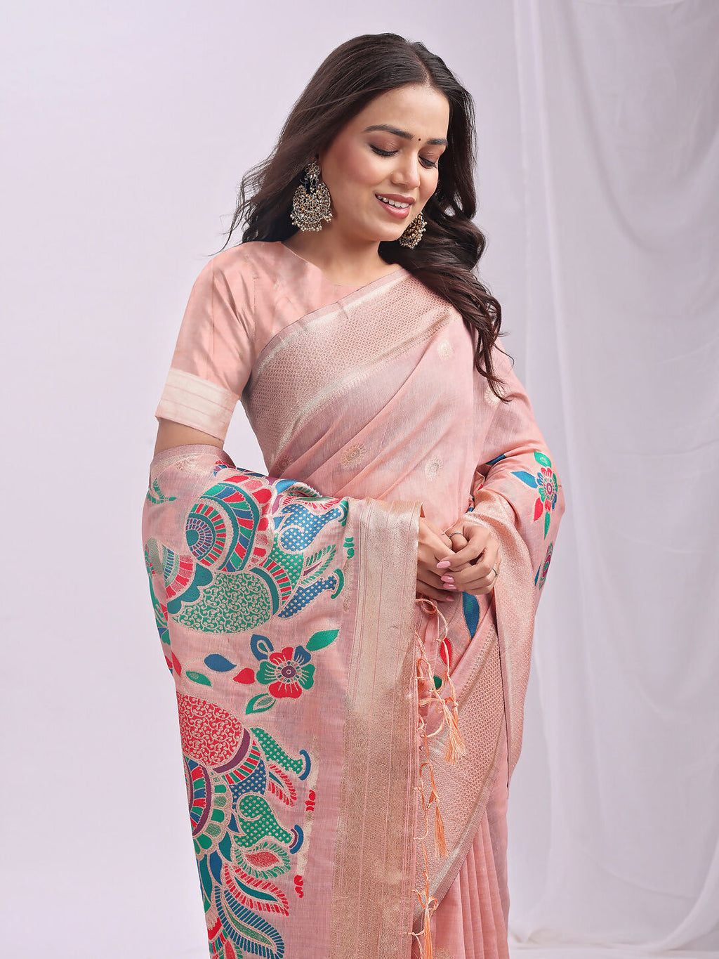 Shree Shyam Fashion Linen Cotton Peach Saree - Distacart