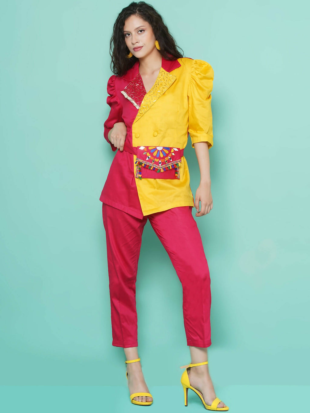 Women Republic Pink And Yellow Cotton Silk hand Embellished Coord set with Pouch - Distacart