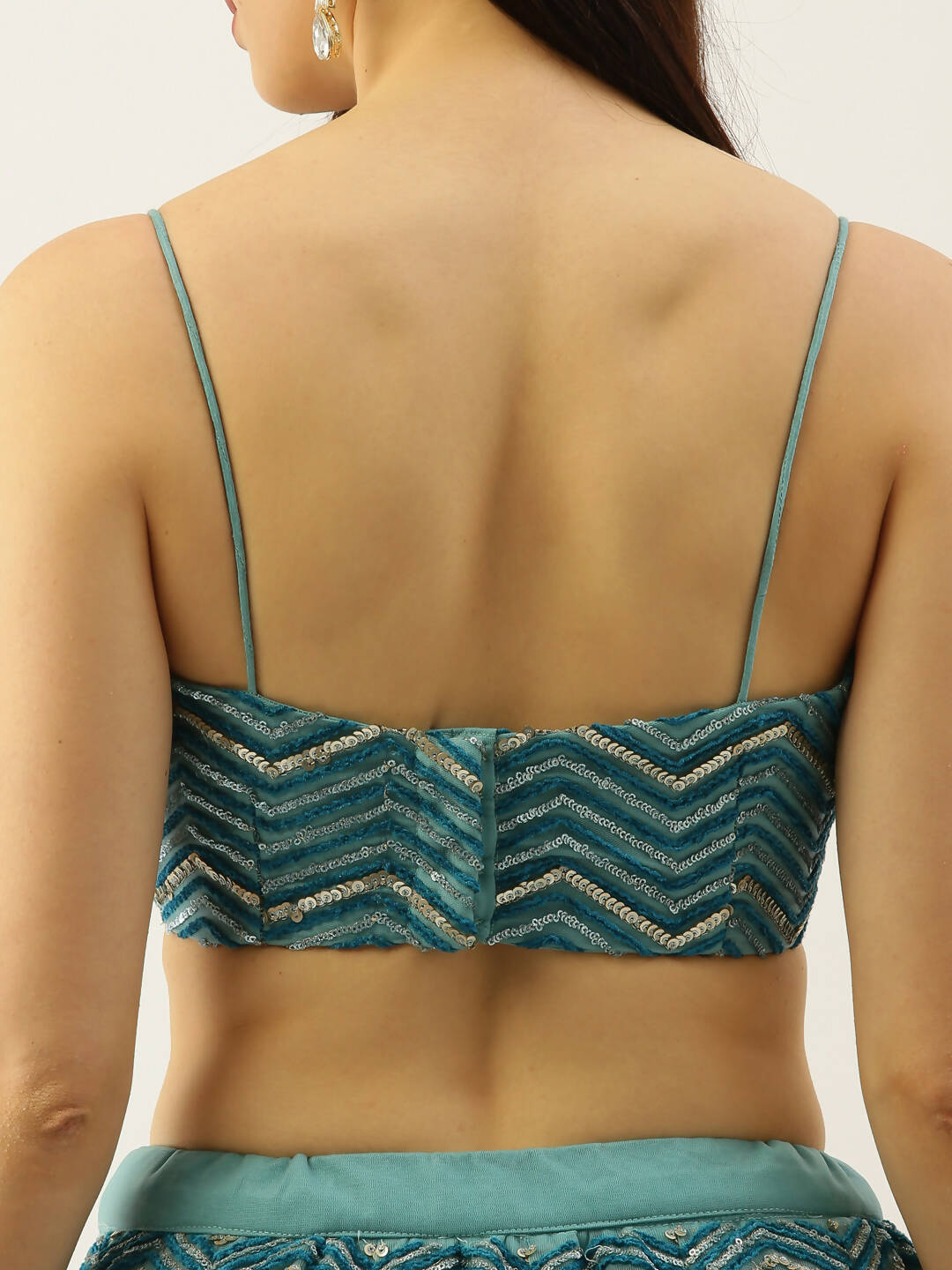 House of Panchhi Women Sea Green Net Zig-Zag Embroideried Lehenga, Blouse & Dupatta