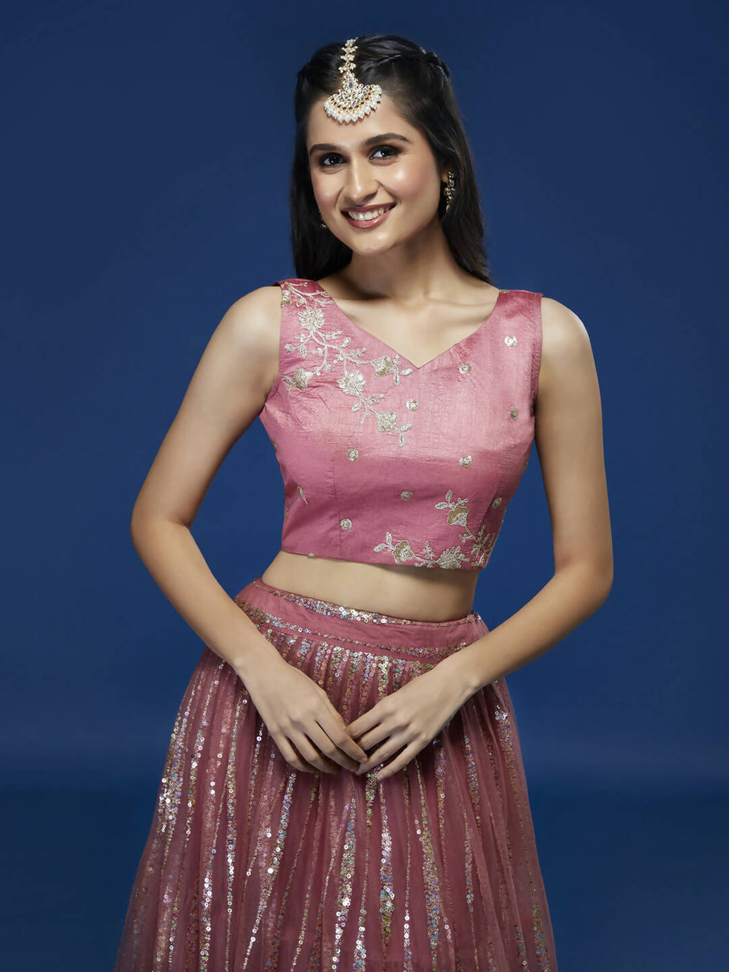 House of Panchhi Rose Gold Net Sequinse Work Lehenga & Blouse, Dupatta