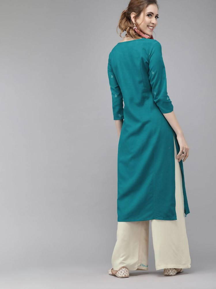 Yufta Women Green & Beige Embroidered Straight Kurta With Trouser