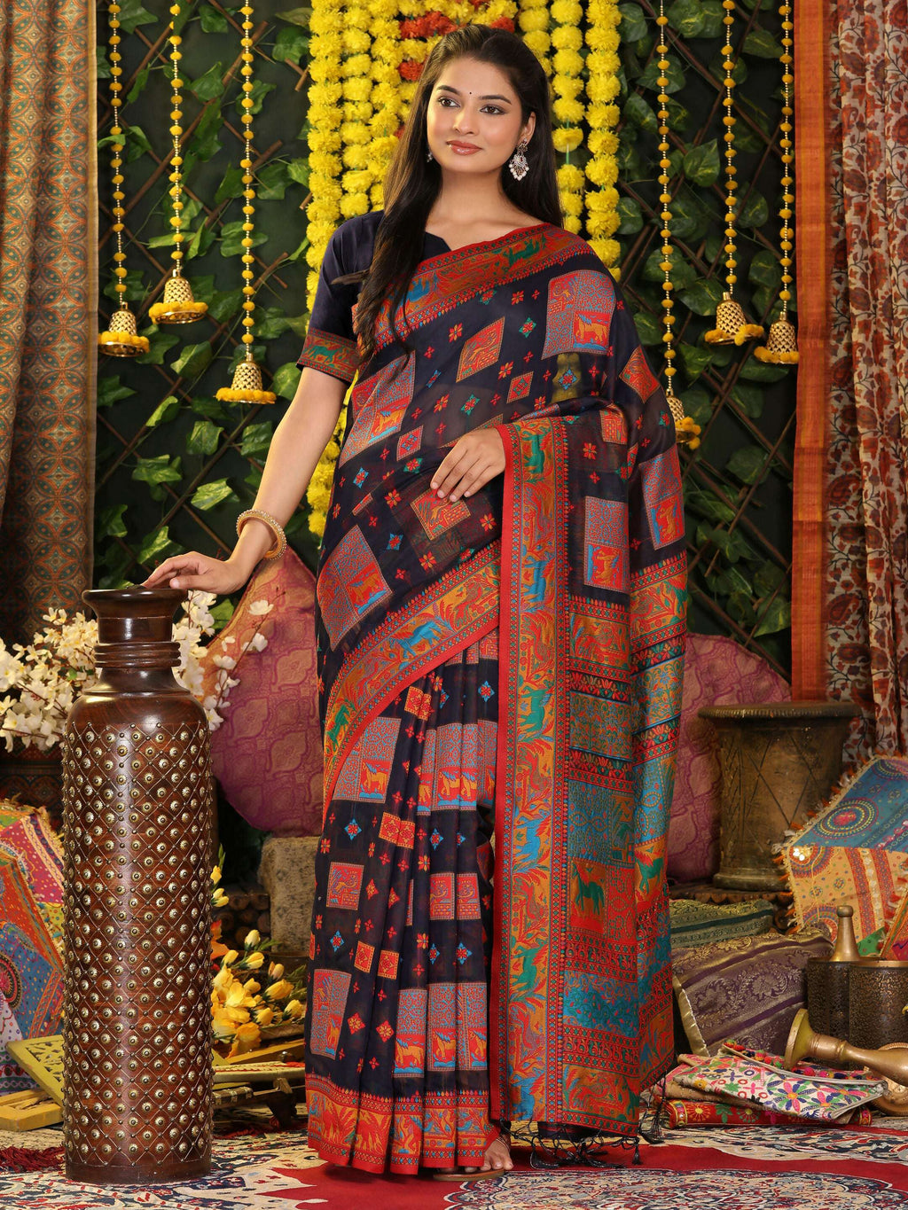 Shree Shyam Fashion Linen Cotton Navy Blue Saree - Distacart