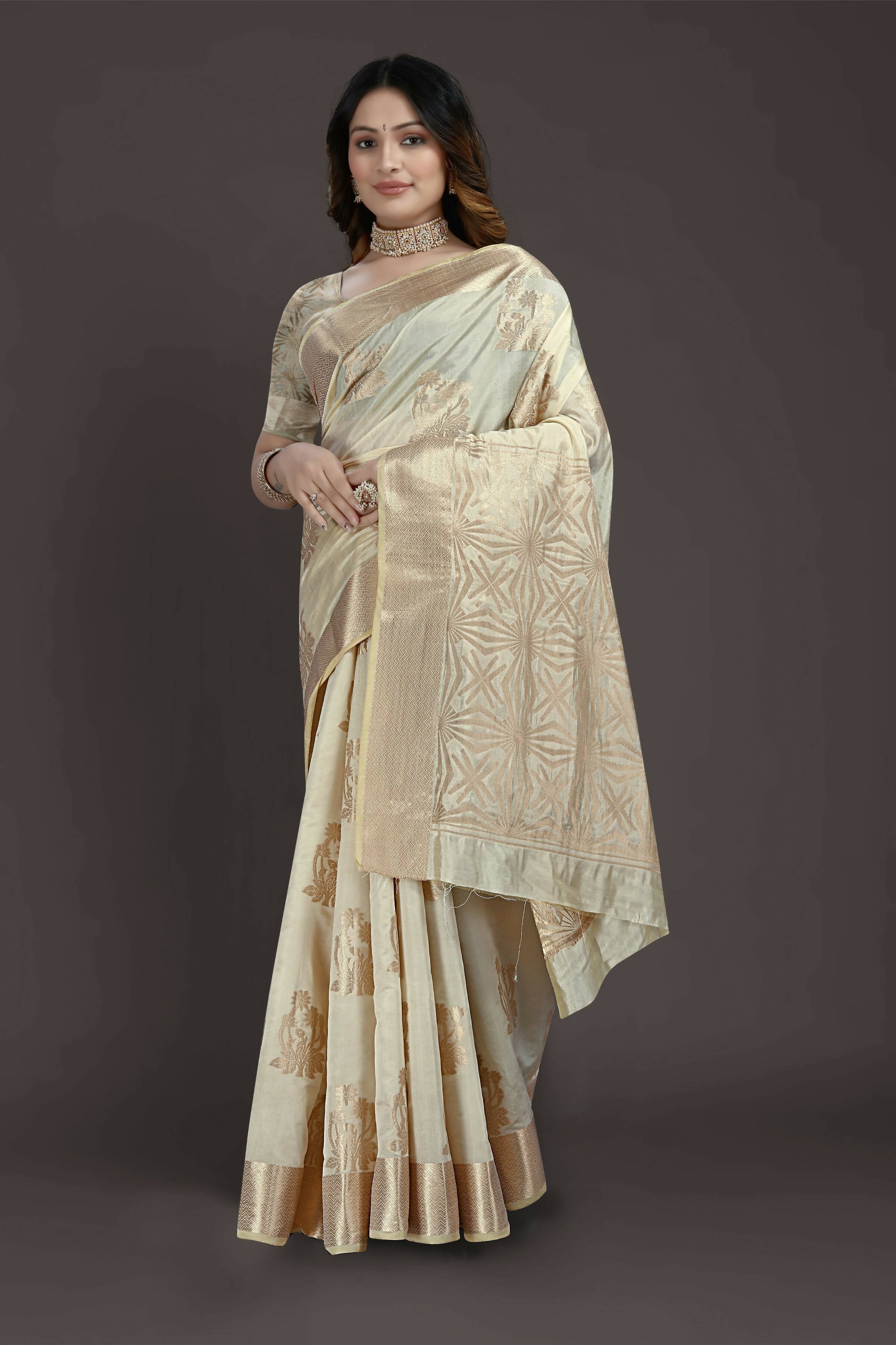 Off White Pure Raw Silk Zari Woven Saree with Unstitched Blouse Piece - Alisha