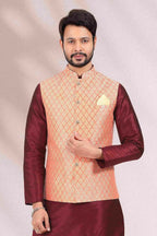 Raivat Ethnic Jacquard Banarasi Silk Woven Work 3 Pics Jacket Set In Peach Colour - Distacart