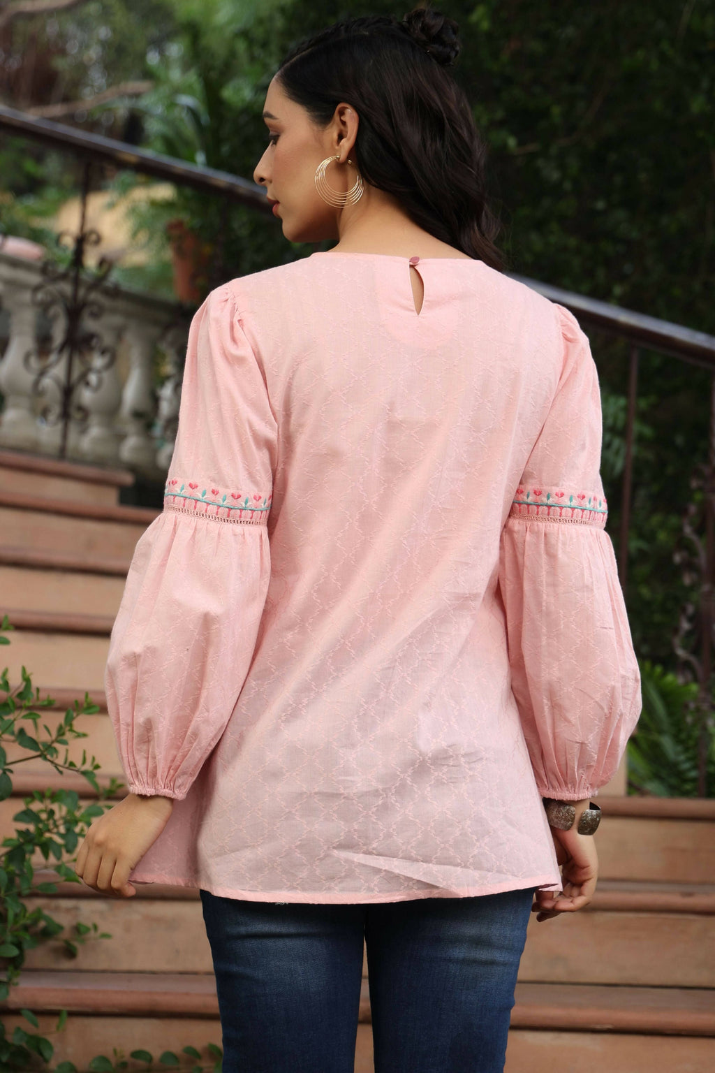Juniper Women's Peach Cotton Dobby Solid Embroidered Straight Tunic - Distacart