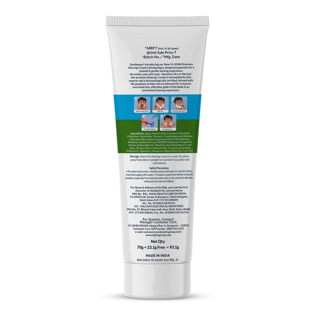 VI-JOHN Dermatologically Tested Premium Claming Aqua Shaving Cream Enriched with Aloevera & Almond Oil free From Silicone,Paraben & Mineral Oil