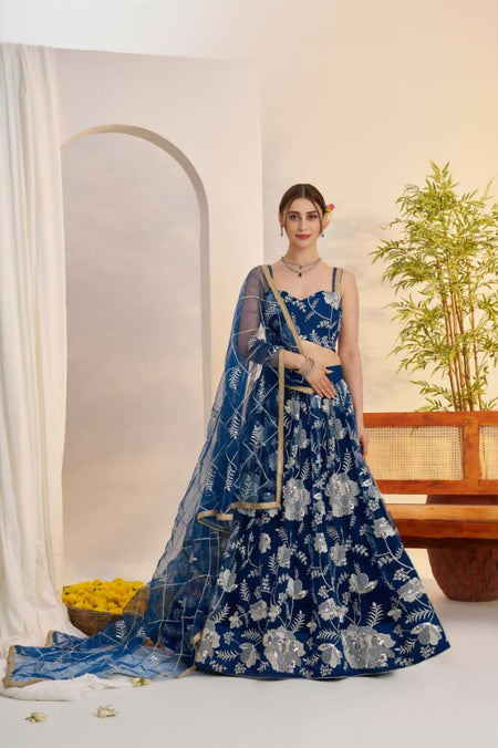 Aastha Fashion More Peach Blue Butterfly Net White Cotton Thread Work And Sequence Work Embroidery Wedding Wear Lehenga Choli