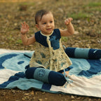 Mhyssa Blue And Beige A line Sleeveless Printed Dress And Skirt With Lining Set