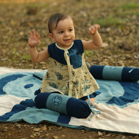 Mhyssa Blue And Beige A line Sleeveless Printed Dress And Skirt With Lining Set