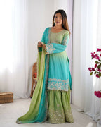 The52 Women's Beautiful Chinon silk Fabric Embroidery Work Straight Kurta Palazzo and Dupatta Set - Distacart