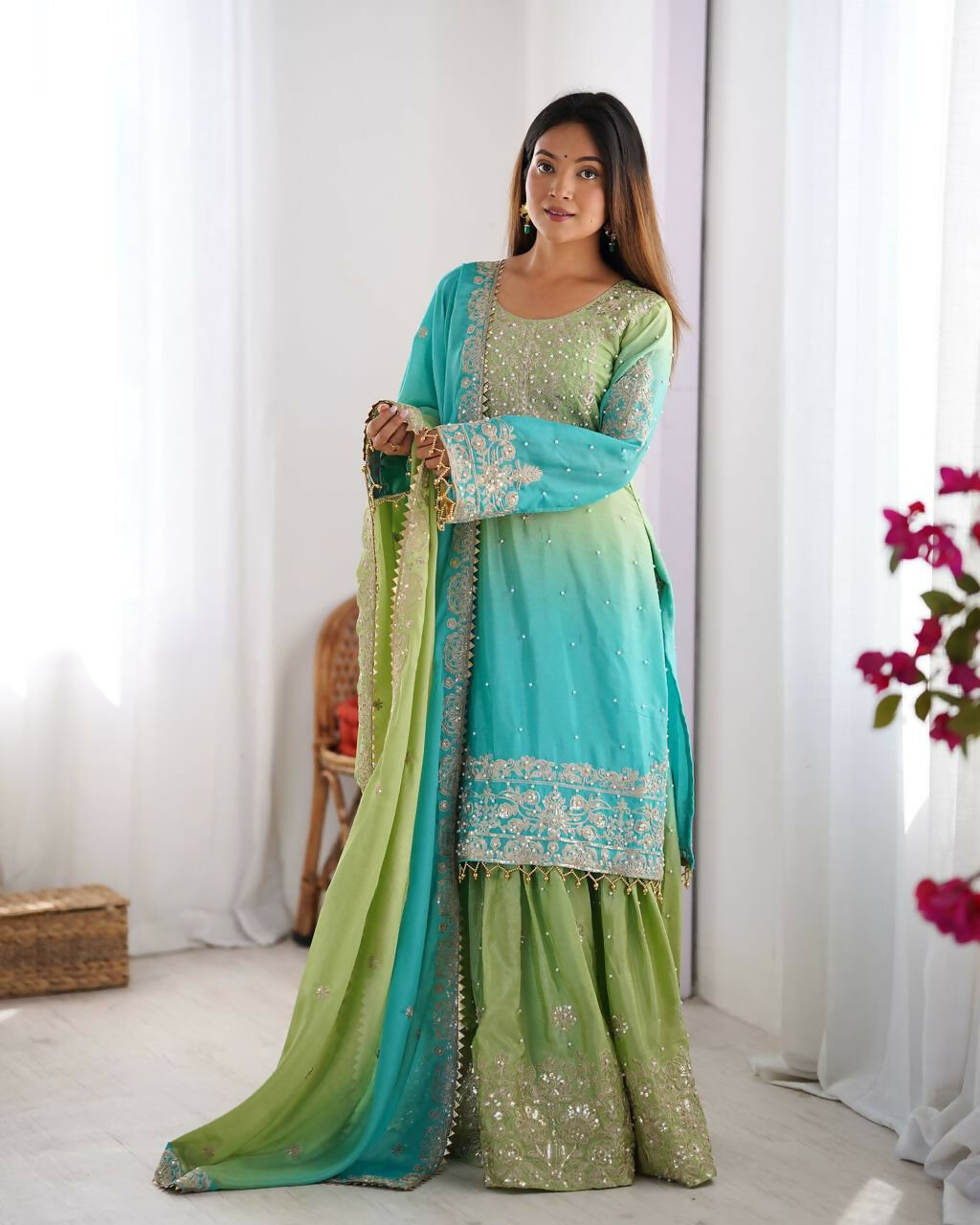 The52 Women's Beautiful Chinon silk Fabric Embroidery Work Straight Kurta Palazzo and Dupatta Set - Distacart