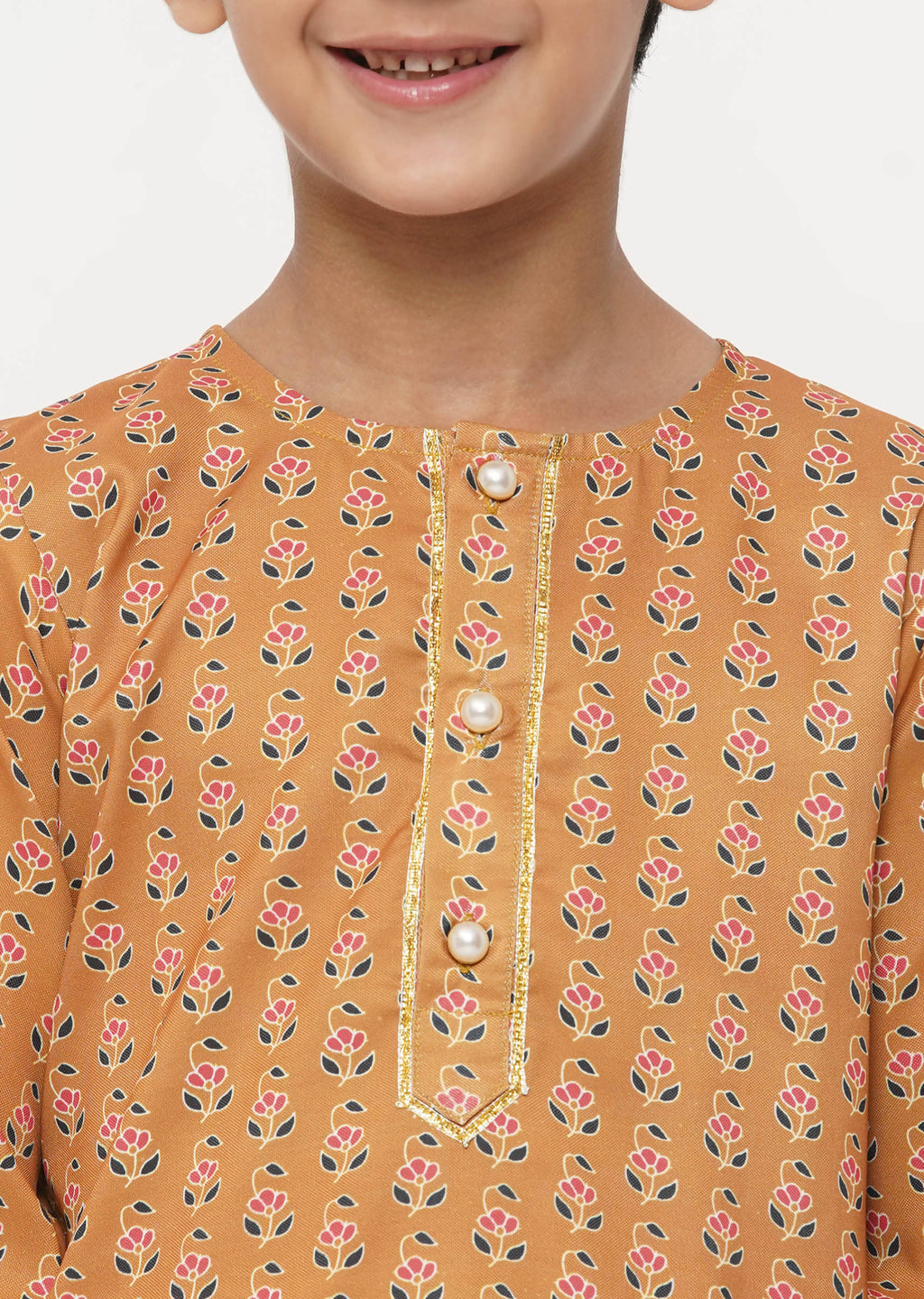 Little Bansi Boys Cotton Silk Floral Kurta with Pearl Buttons & Pyjama - Orange & Cream