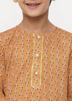 Little Bansi Boys Cotton Silk Floral Kurta with Pearl Buttons & Pyjama - Orange & Cream